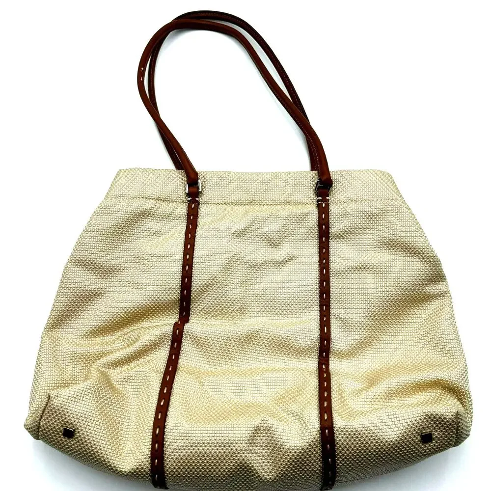 ANTONIO MELANI Tan Brown‎ Canvas Purse Handbag Shoulder Tote Faux Leather Trim